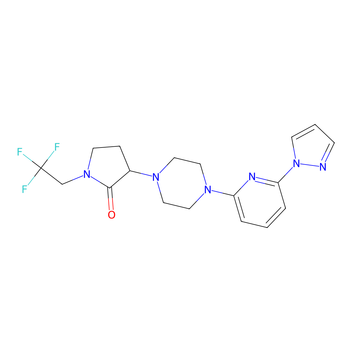 3-{4-[6-(1H-pyrazol-1-yl)pyridin-2-yl]piperazin-1-yl}-1-(2,2,2-trifluoroethyl)pyrrolidin-2-one molecular structure, CAS 2770581-28-5