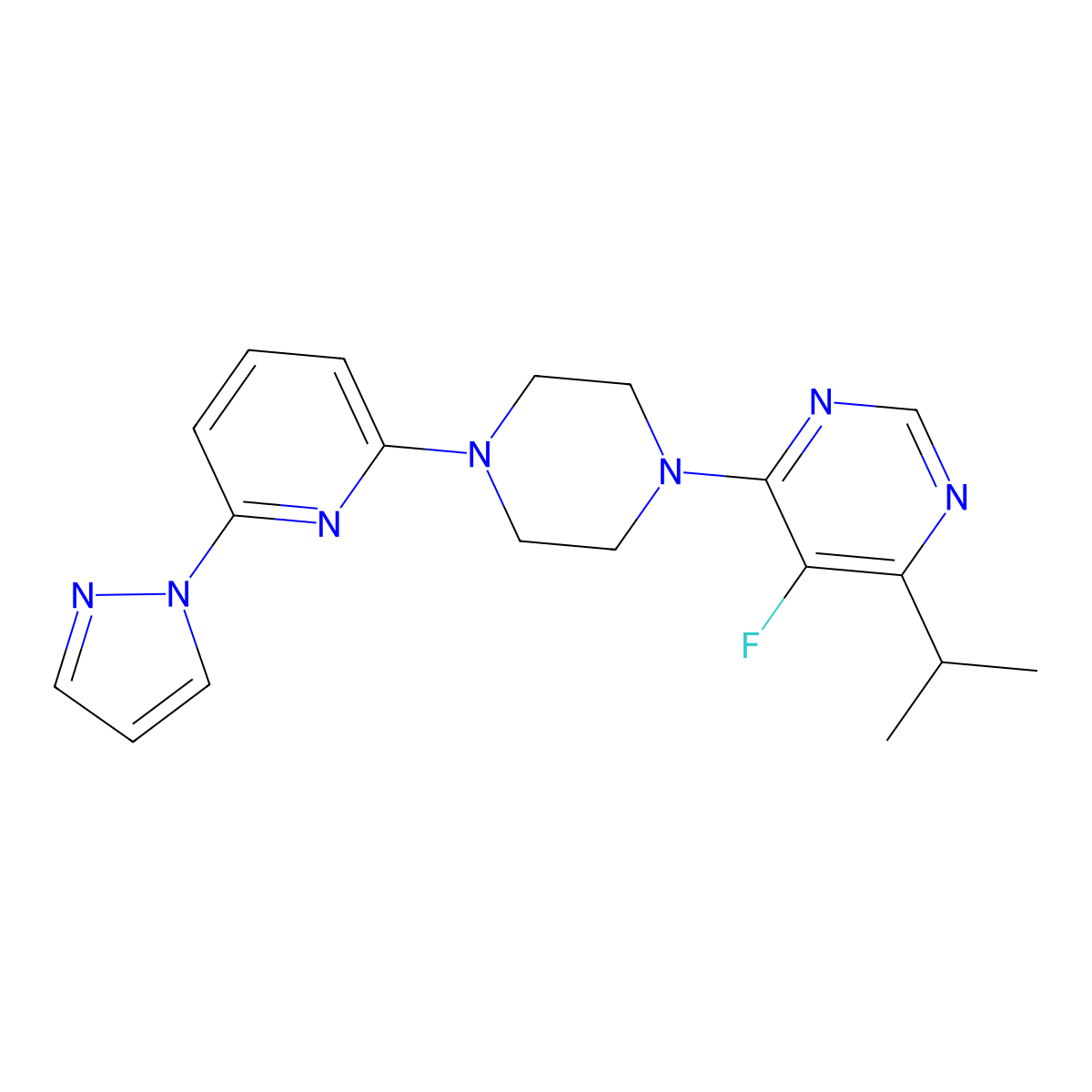 5-fluoro-4-(propan-2-yl)-6-{4-[6-(1H-pyrazol-1-yl)pyridin-2-yl]piperazin-1-yl}pyrimidine molecular structure, CAS 2770581-29-6