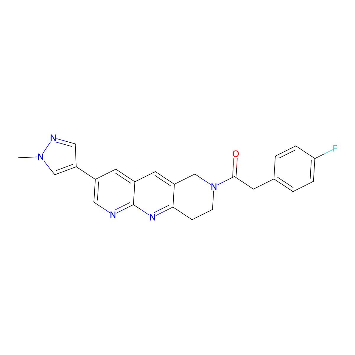 2-(4-fluorophenyl)-1-[3-(1-methyl-1H-pyrazol-4-yl)-6H,7H,8H,9H-pyrido[2,3-b]1,6-naphthyridin-7-yl]ethan-1-one molecular structure, CAS 2770581-33-2