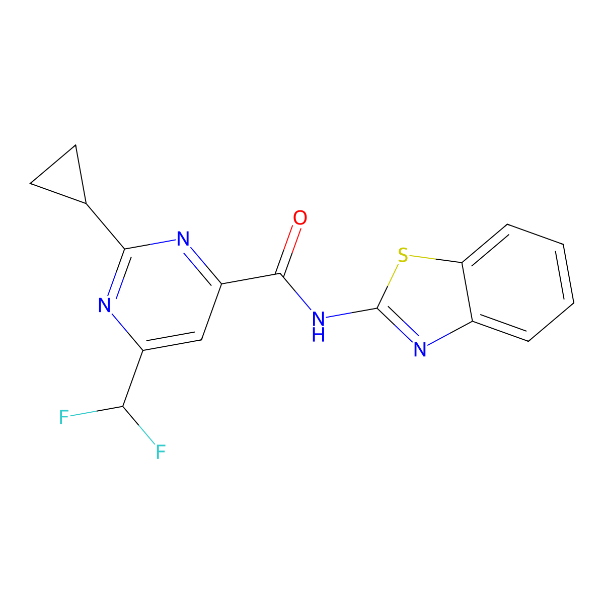 N-(1,3-benzothiazol-2-yl)-2-cyclopropyl-6-(difluoromethyl)pyrimidine-4-carboxamide molecular structure, CAS 2770581-37-6
