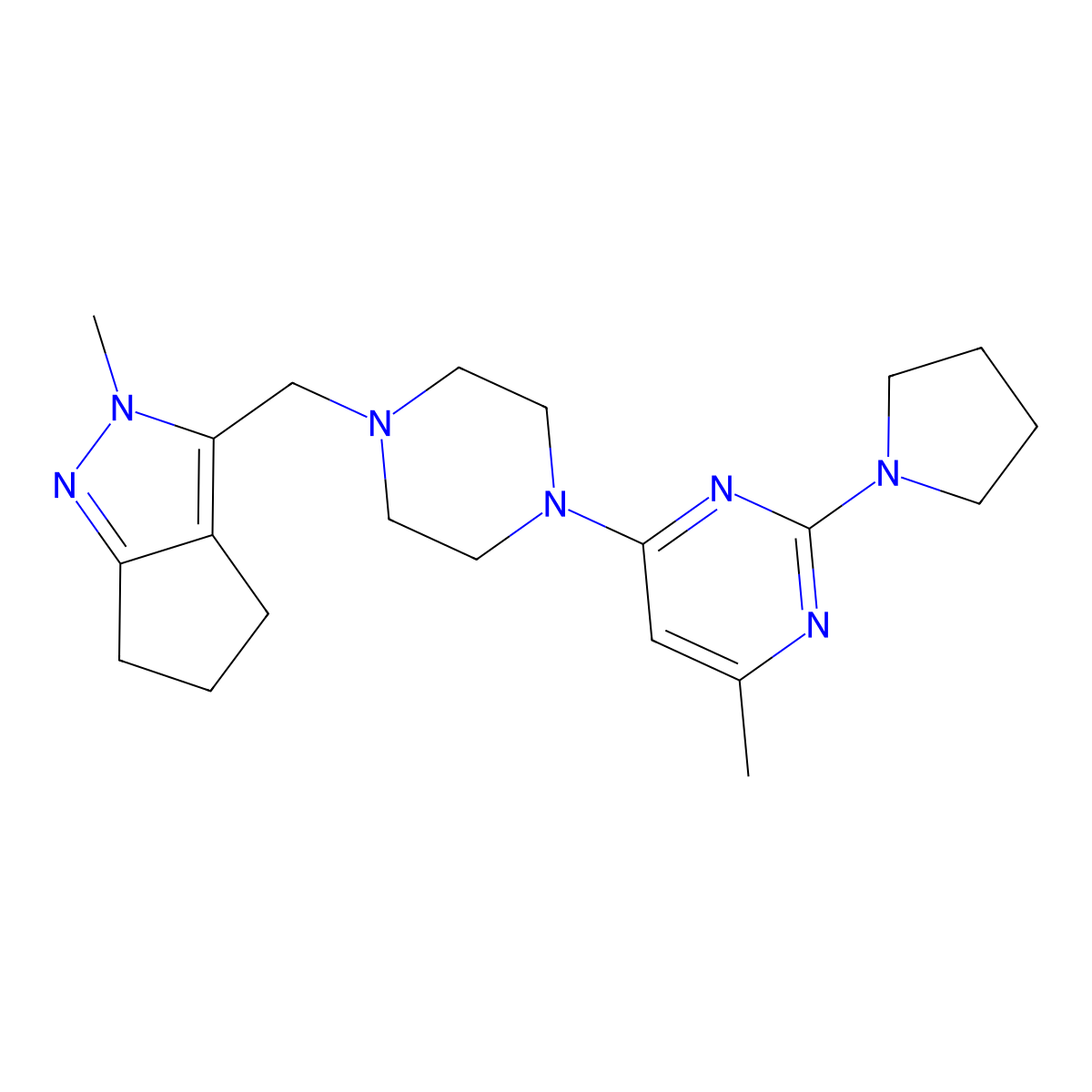 4-methyl-6-[4-({2-methyl-2H,4H,5H,6H-cyclopenta[c]pyrazol-3-yl}methyl)piperazin-1-yl]-2-(pyrrolidin-1-yl)pyrimidine molecular structure, CAS 2770581-40-1