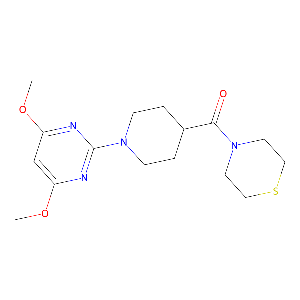 4-[1-(4,6-Dimethoxypyrimidin-2-yl)piperidine-4-carbonyl]thiomorpholine molecular structure, CAS 2770581-44-5