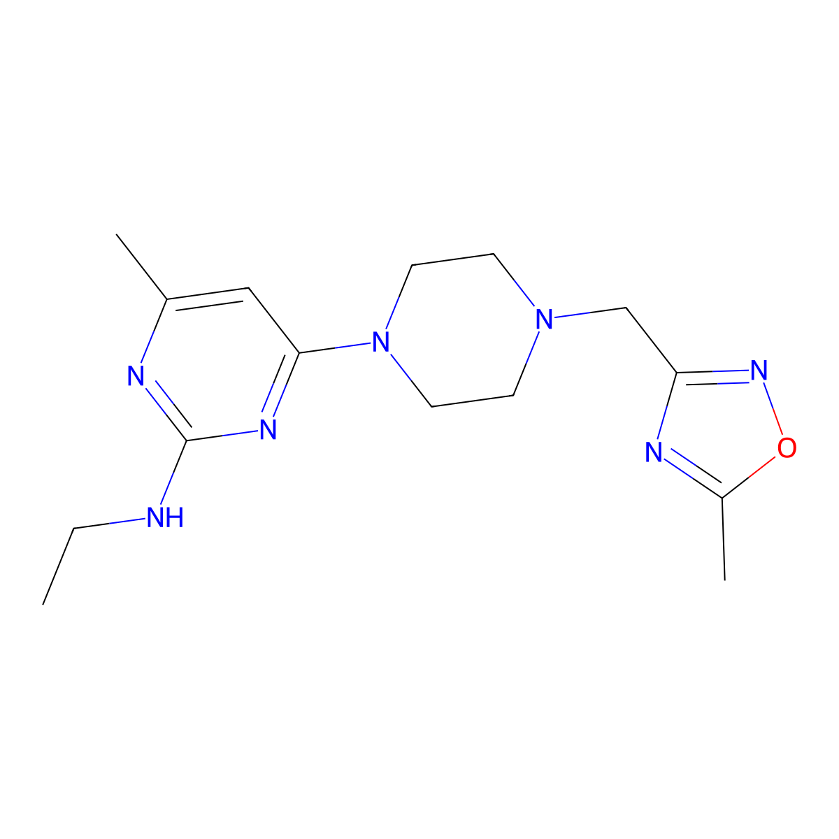 N-ethyl-4-methyl-6-{4-[(5-methyl-1,2,4-oxadiazol-3-yl)methyl]piperazin-1-yl}pyrimidin-2-amine molecular structure, CAS 2770581-55-8