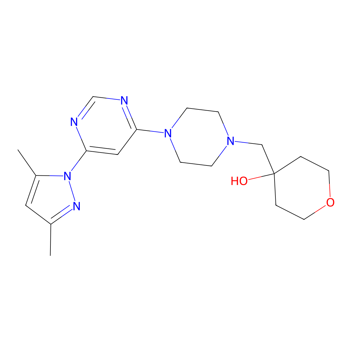 4-({4-[6-(3,5-dimethyl-1H-pyrazol-1-yl)pyrimidin-4-yl]piperazin-1-yl}methyl)oxan-4-ol molecular structure, CAS 2770581-59-2