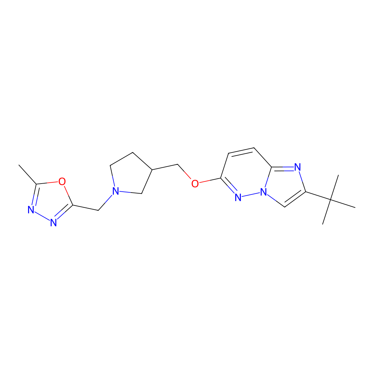 2-({3-[({2-Tert-butylimidazo[1,2-b]pyridazin-6-yl}oxy)methyl]pyrrolidin-1-yl}methyl)-5-methyl-1,3,4-oxadiazole molecular structure, CAS 2770581-66-1