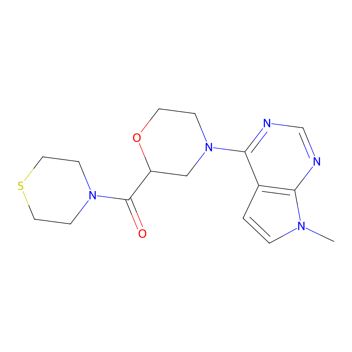 4-{7-methyl-7H-pyrrolo[2,3-d]pyrimidin-4-yl}-2-(thiomorpholine-4-carbonyl)morpholine molecular structure, CAS 2770581-67-2