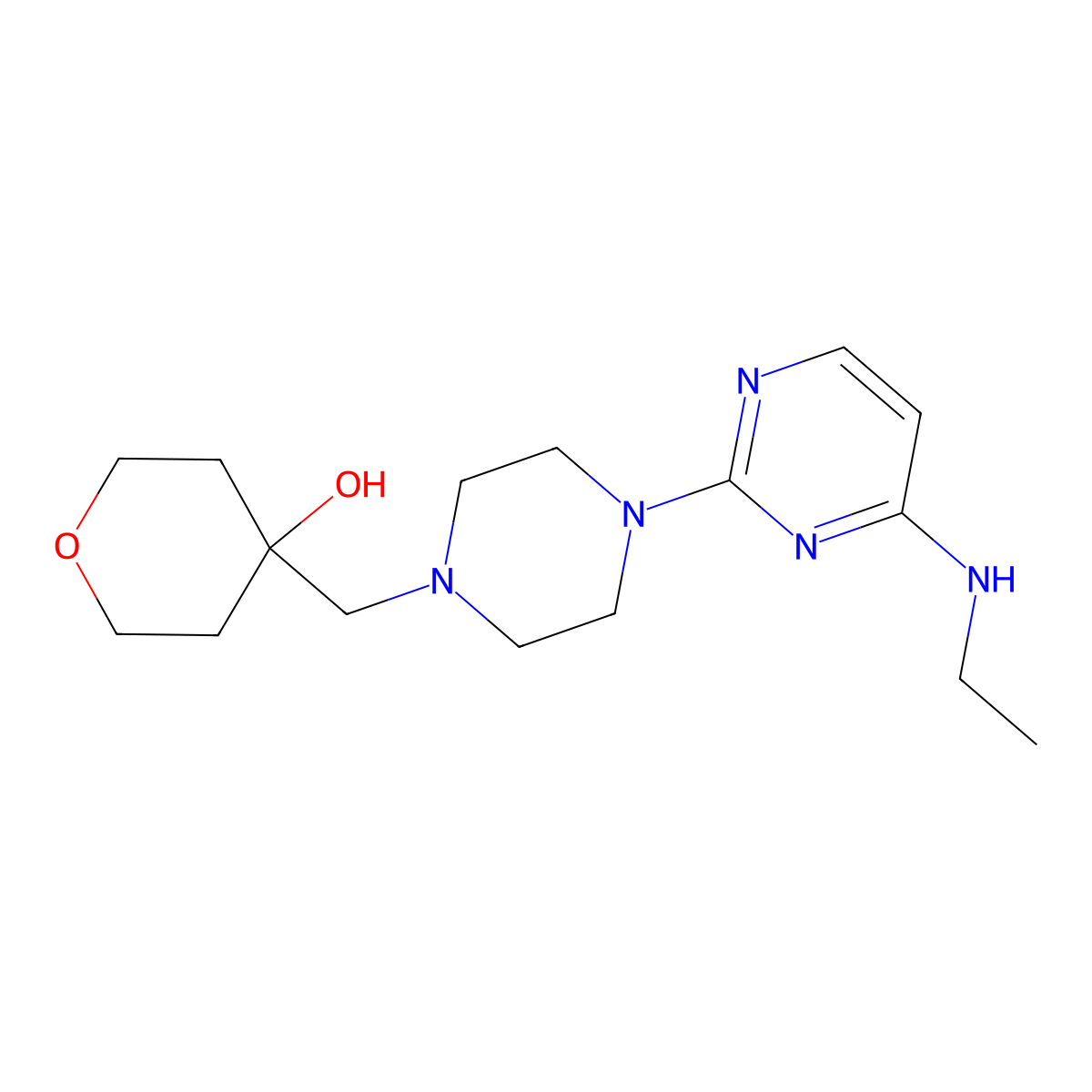 4-({4-[4-(Ethylamino)pyrimidin-2-yl]piperazin-1-yl}methyl)oxan-4-ol molecular structure, CAS 2770581-69-4
