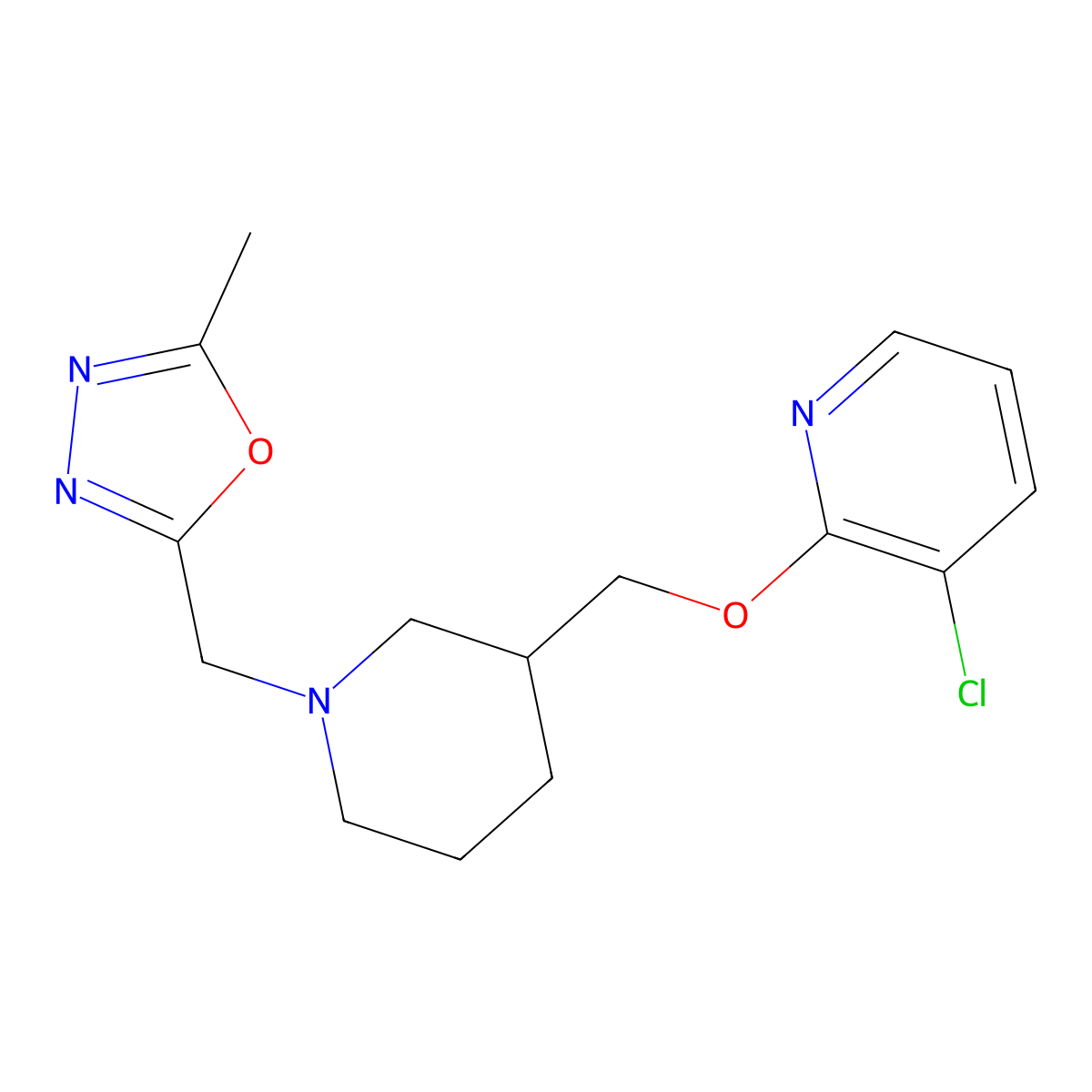 3-Chloro-2-({1-[(5-methyl-1,3,4-oxadiazol-2-yl)methyl]piperidin-3-yl}methoxy)pyridine molecular structure, CAS 2770581-73-0