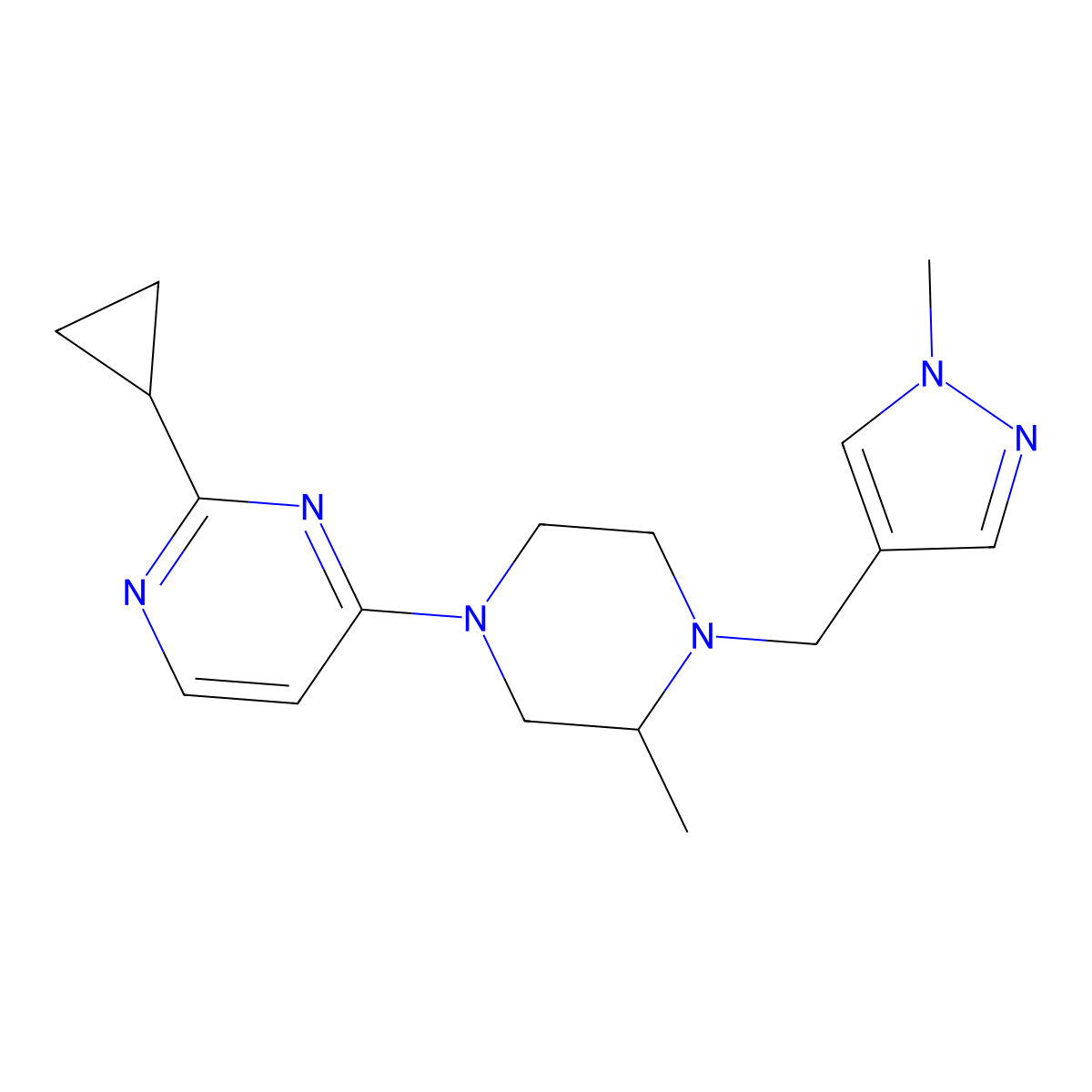 2-cyclopropyl-4-{3-methyl-4-[(1-methyl-1H-pyrazol-4-yl)methyl]piperazin-1-yl}pyrimidine molecular structure, CAS 2770581-82-1
