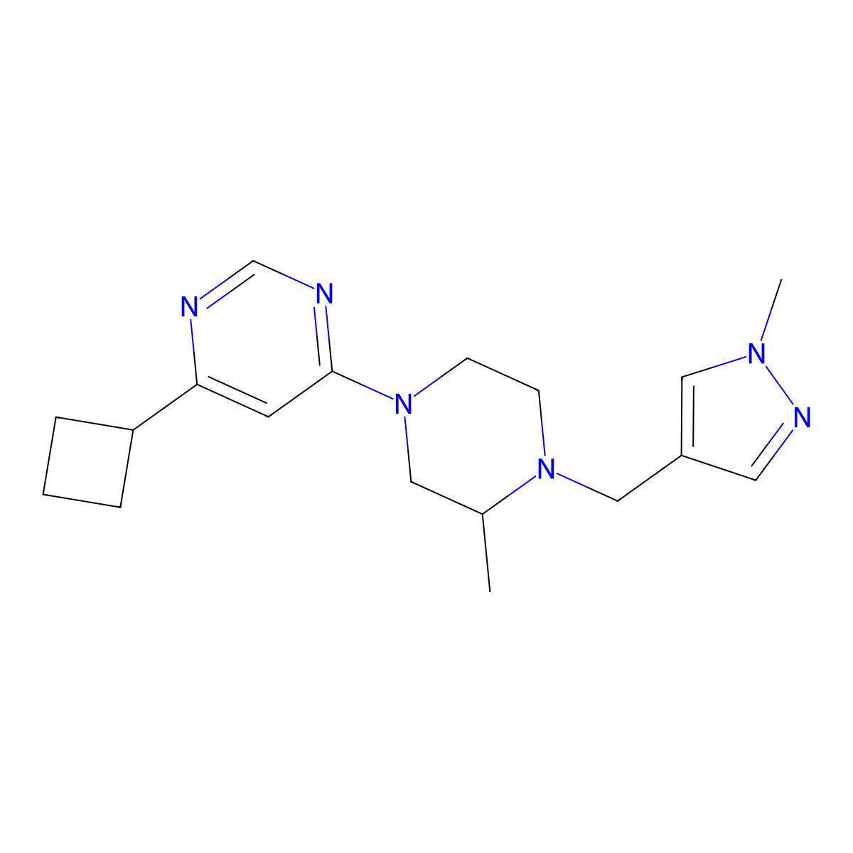 4-cyclobutyl-6-{3-methyl-4-[(1-methyl-1H-pyrazol-4-yl)methyl]piperazin-1-yl}pyrimidine molecular structure, CAS 2770581-90-1