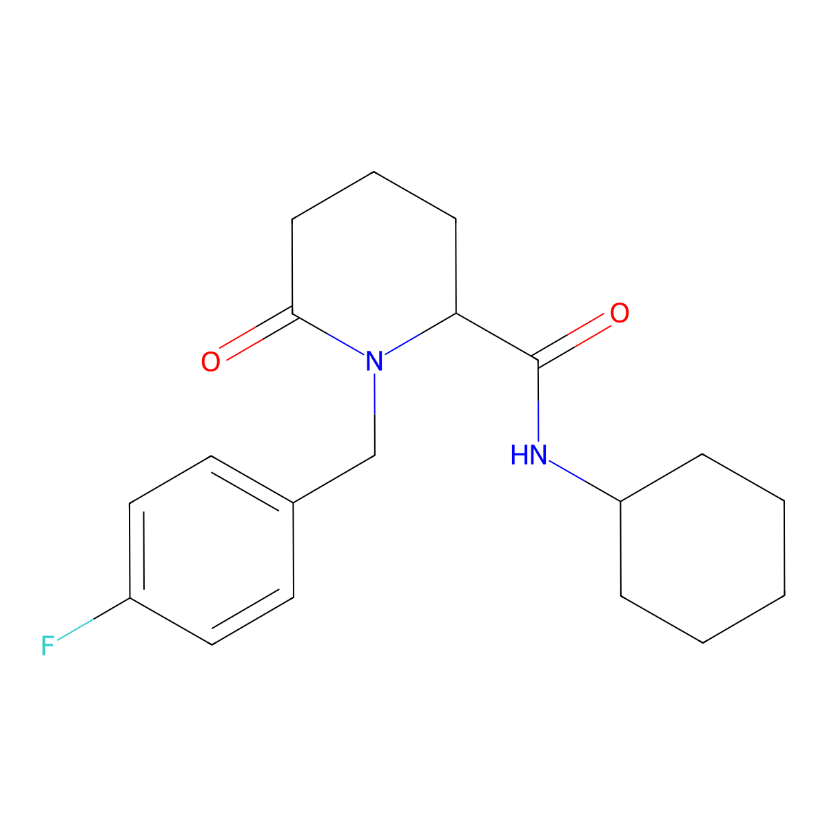 N-cyclohexyl-1-[(4-fluorophenyl)methyl]-6-oxopiperidine-2-carboxamide molecular structure, CAS 2770581-98-9
