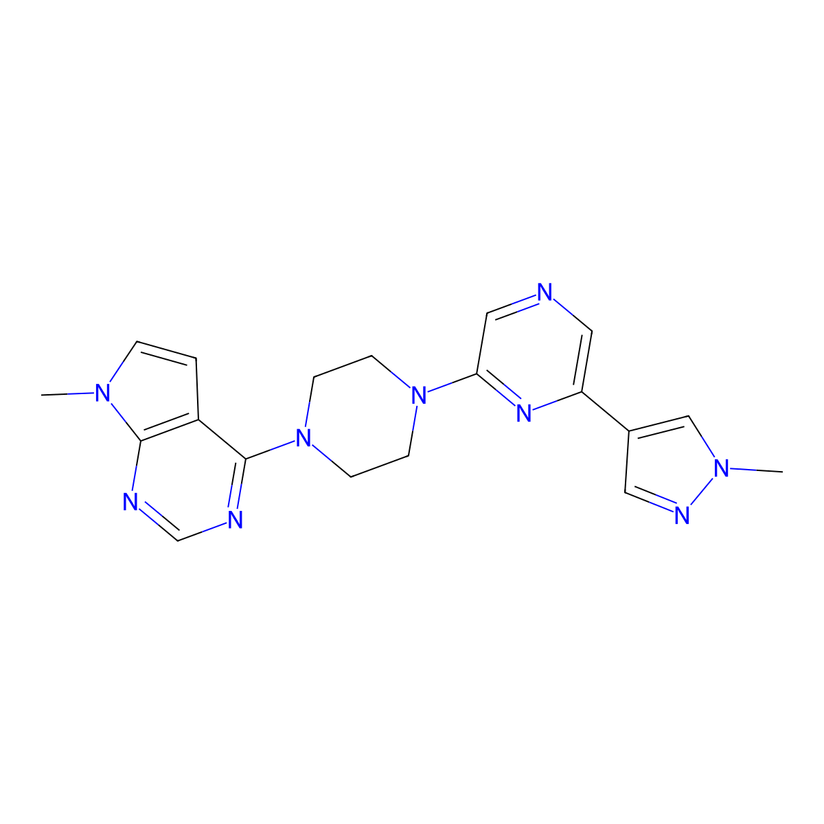 2-(1-methyl-1H-pyrazol-4-yl)-6-(4-{7-methyl-7H-pyrrolo[2,3-d]pyrimidin-4-yl}piperazin-1-yl)pyrazine molecular structure, CAS 2770582-05-1