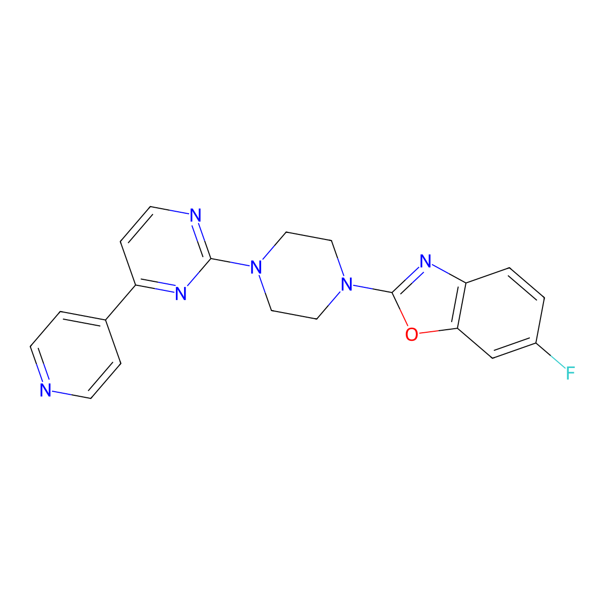 6-Fluoro-2-{4-[4-(pyridin-4-yl)pyrimidin-2-yl]piperazin-1-yl}-1,3-benzoxazole molecular structure, CAS 2770582-18-6