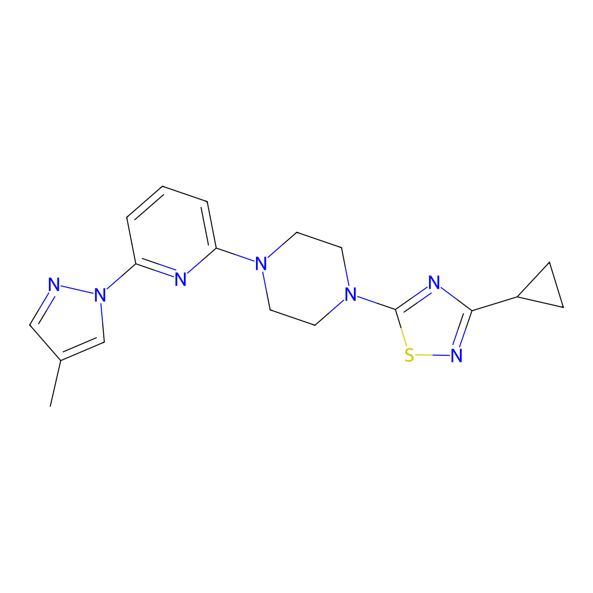 1-(3-cyclopropyl-1,2,4-thiadiazol-5-yl)-4-[6-(4-methyl-1H-pyrazol-1-yl)pyridin-2-yl]piperazine molecular structure, CAS 2770582-19-7