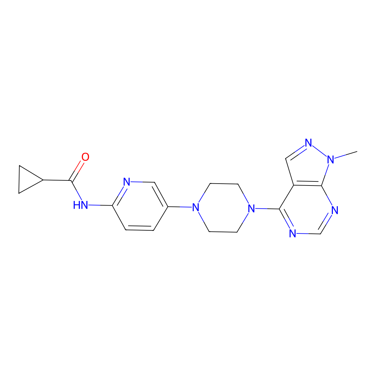 N-[5-(4-{1-methyl-1H-pyrazolo[3,4-d]pyrimidin-4-yl}piperazin-1-yl)pyridin-2-yl]cyclopropanecarboxamide molecular structure, CAS 2770582-20-0