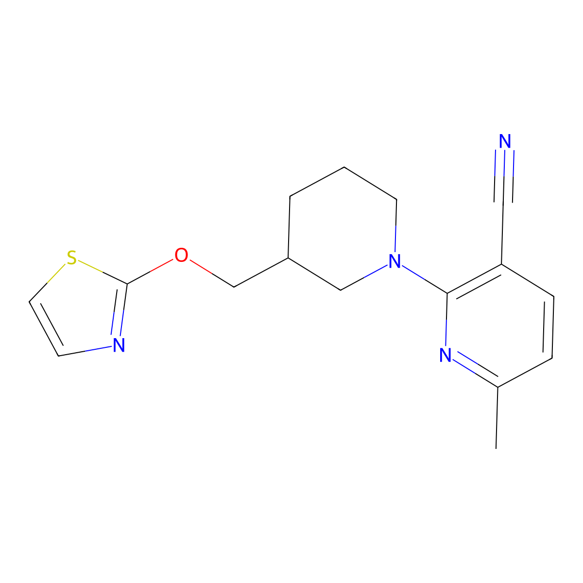 6-Methyl-2-{3-[(1,3-thiazol-2-yloxy)methyl]piperidin-1-yl}pyridine-3-carbonitrile molecular structure, CAS 2770582-21-1