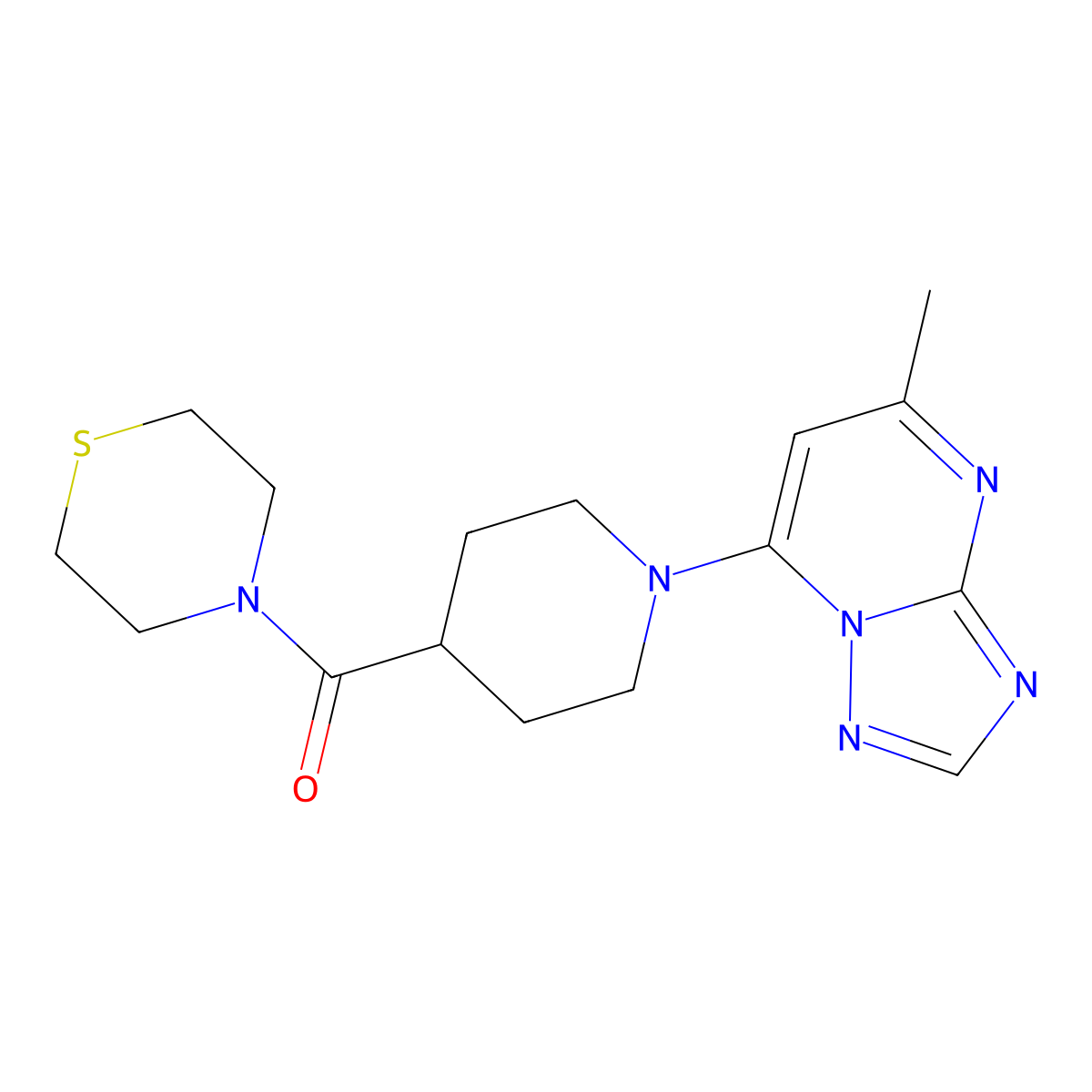 4-(1-{5-Methyl-[1,2,4]triazolo[1,5-a]pyrimidin-7-yl}piperidine-4-carbonyl)thiomorpholine molecular structure, CAS 2770582-22-2
