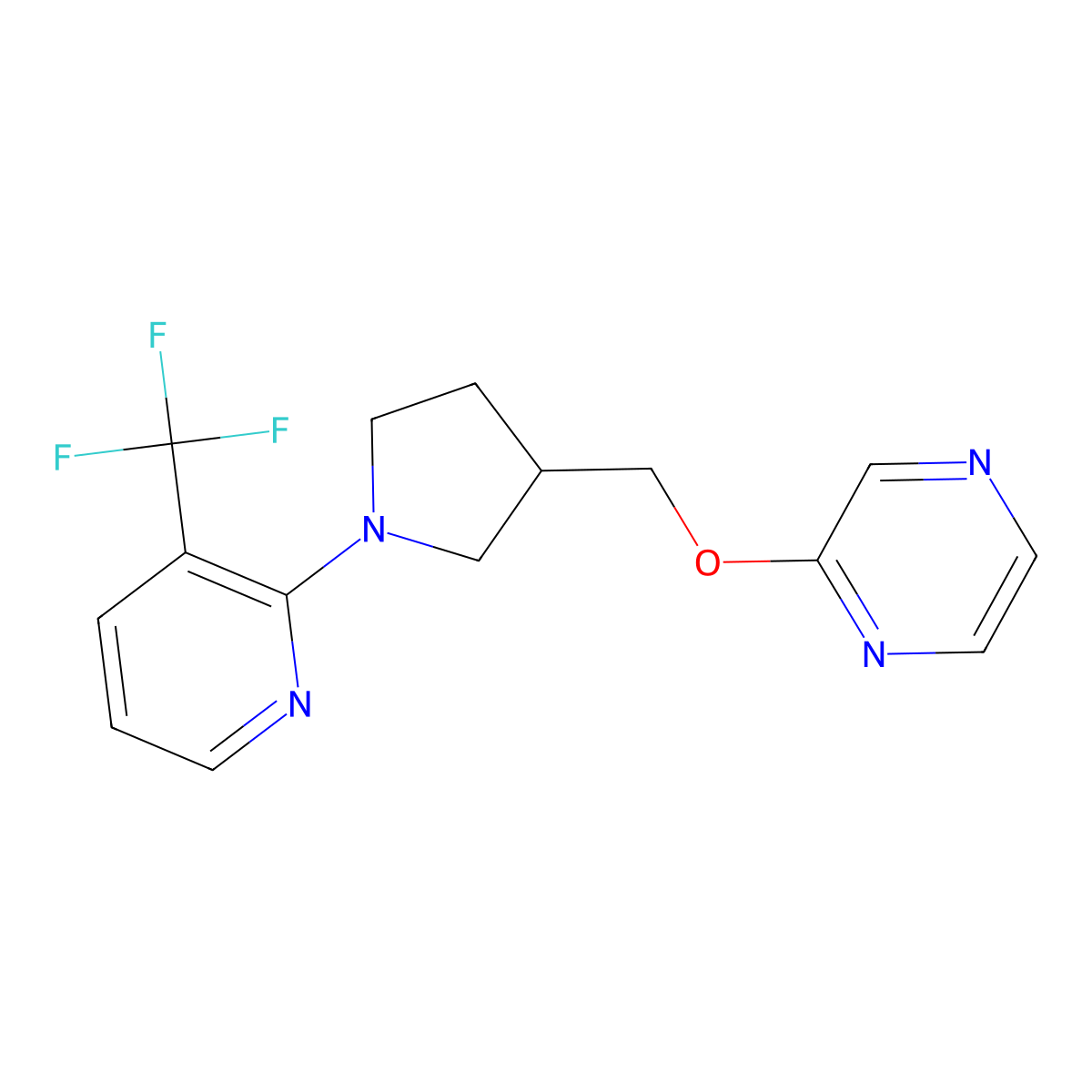 2-({1-[3-(Trifluoromethyl)pyridin-2-yl]pyrrolidin-3-yl}methoxy)pyrazine molecular structure, CAS 2770582-25-5