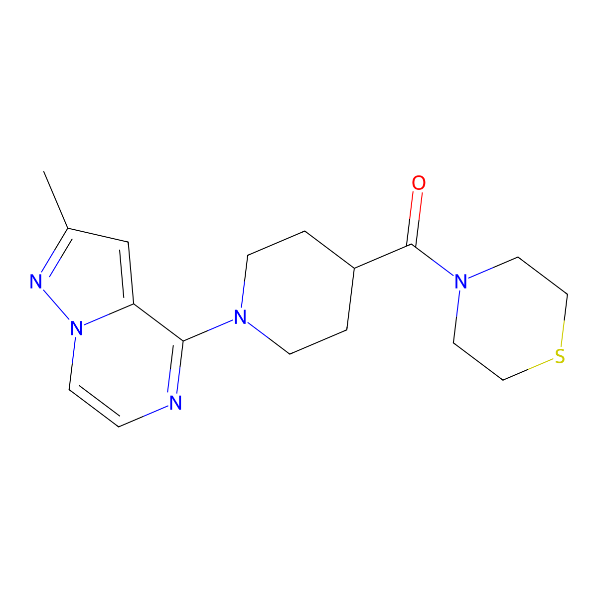 4-(1-{2-Methylpyrazolo[1,5-a]pyrazin-4-yl}piperidine-4-carbonyl)thiomorpholine molecular structure, CAS 2770582-29-9