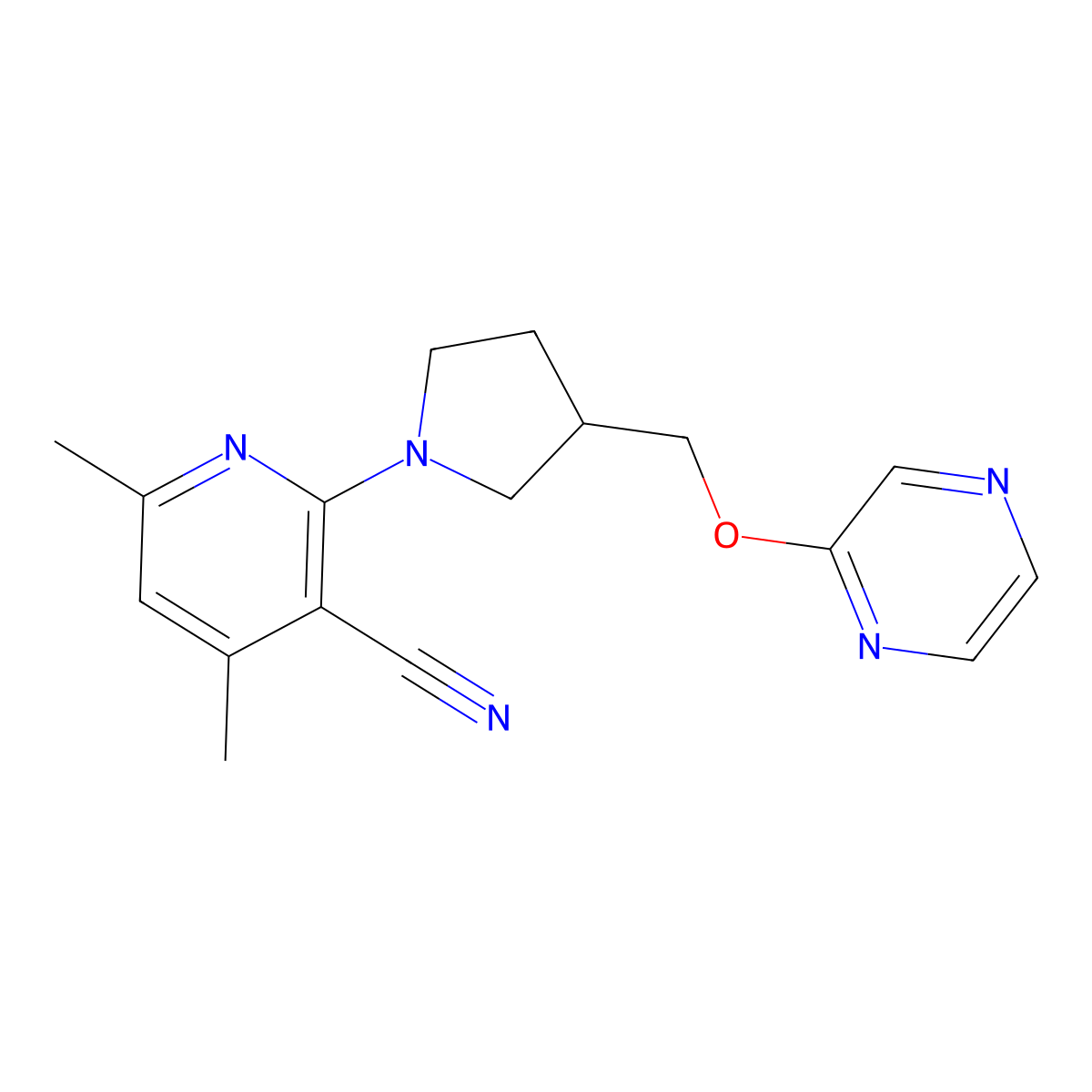 4,6-Dimethyl-2-{3-[(pyrazin-2-yloxy)methyl]pyrrolidin-1-yl}pyridine-3-carbonitrile molecular structure, CAS 2770582-30-2