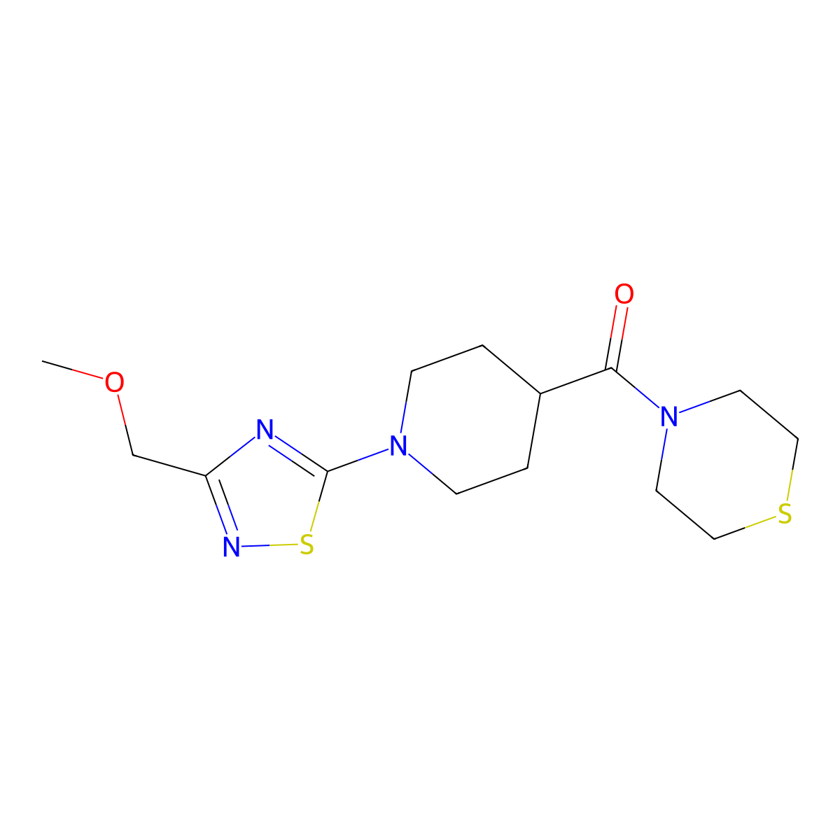 4-{1-[3-(Methoxymethyl)-1,2,4-thiadiazol-5-yl]piperidine-4-carbonyl}thiomorpholine molecular structure, CAS 2770582-34-6