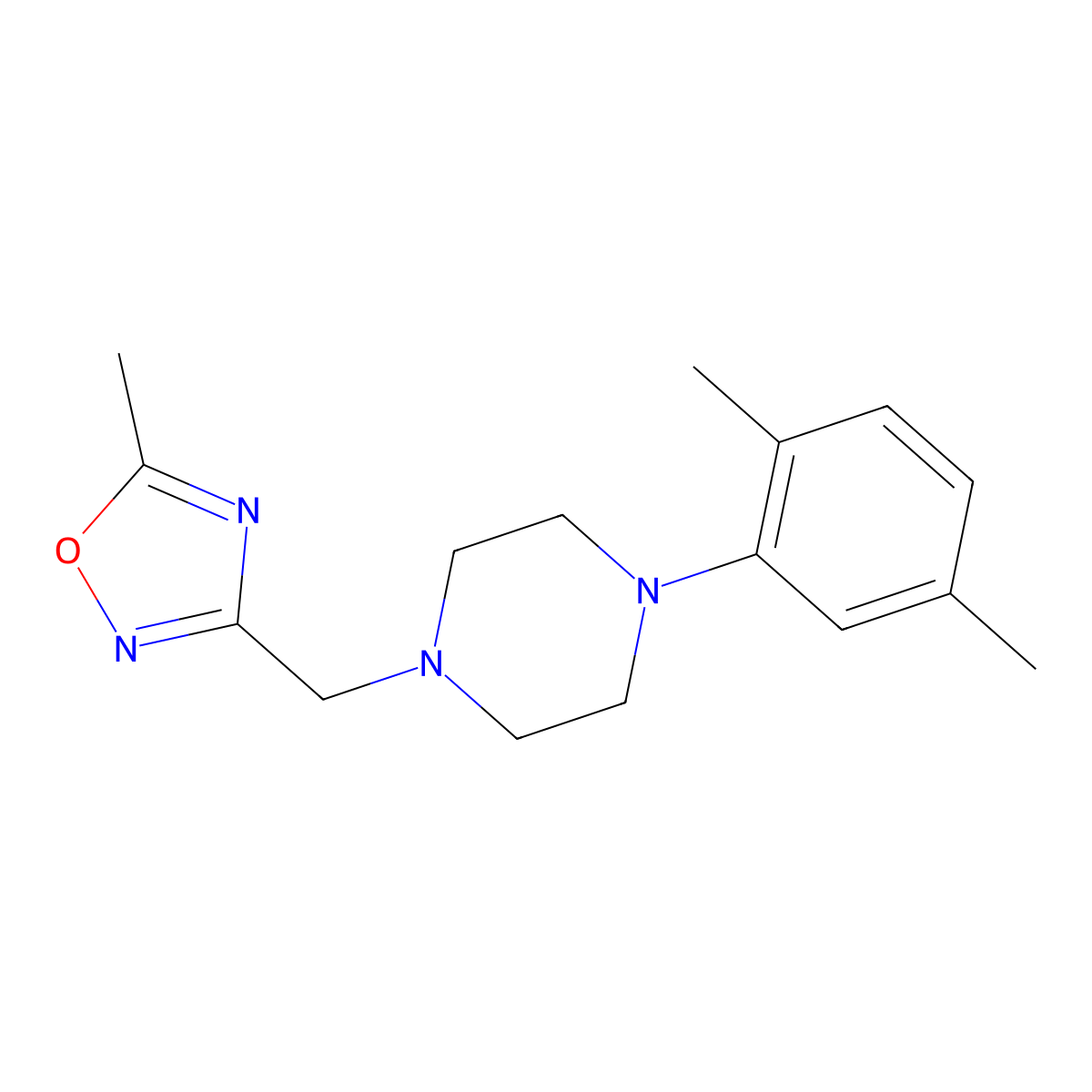 1-(2,5-Dimethylphenyl)-4-[(5-methyl-1,2,4-oxadiazol-3-yl)methyl]piperazine molecular structure, CAS 2770582-38-0