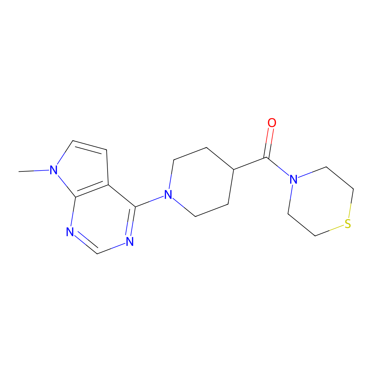 4-(1-{7-methyl-7H-pyrrolo[2,3-d]pyrimidin-4-yl}piperidine-4-carbonyl)thiomorpholine molecular structure, CAS 2770582-44-8