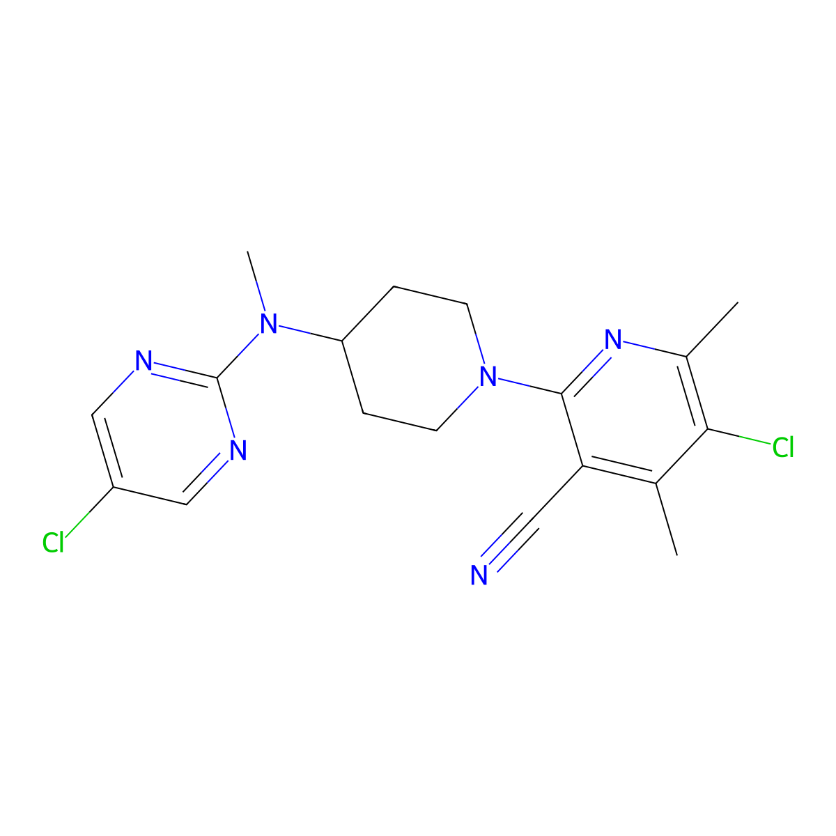 5-Chloro-2-{4-[(5-chloropyrimidin-2-yl)(methyl)amino]piperidin-1-yl}-4,6-dimethylpyridine-3-carbonitrile molecular structure, CAS 2770582-46-0