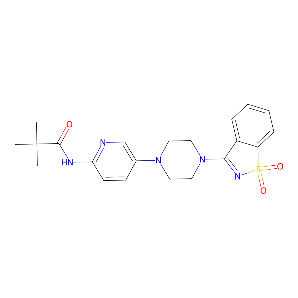 N-[5-[4-(1,1-dioxo-1,2-benzothiazol-3-yl)piperazin-1-yl]-2-pyridinyl]-2,2-dimethylpropanamide molecular structure, CAS 2770582-49-3