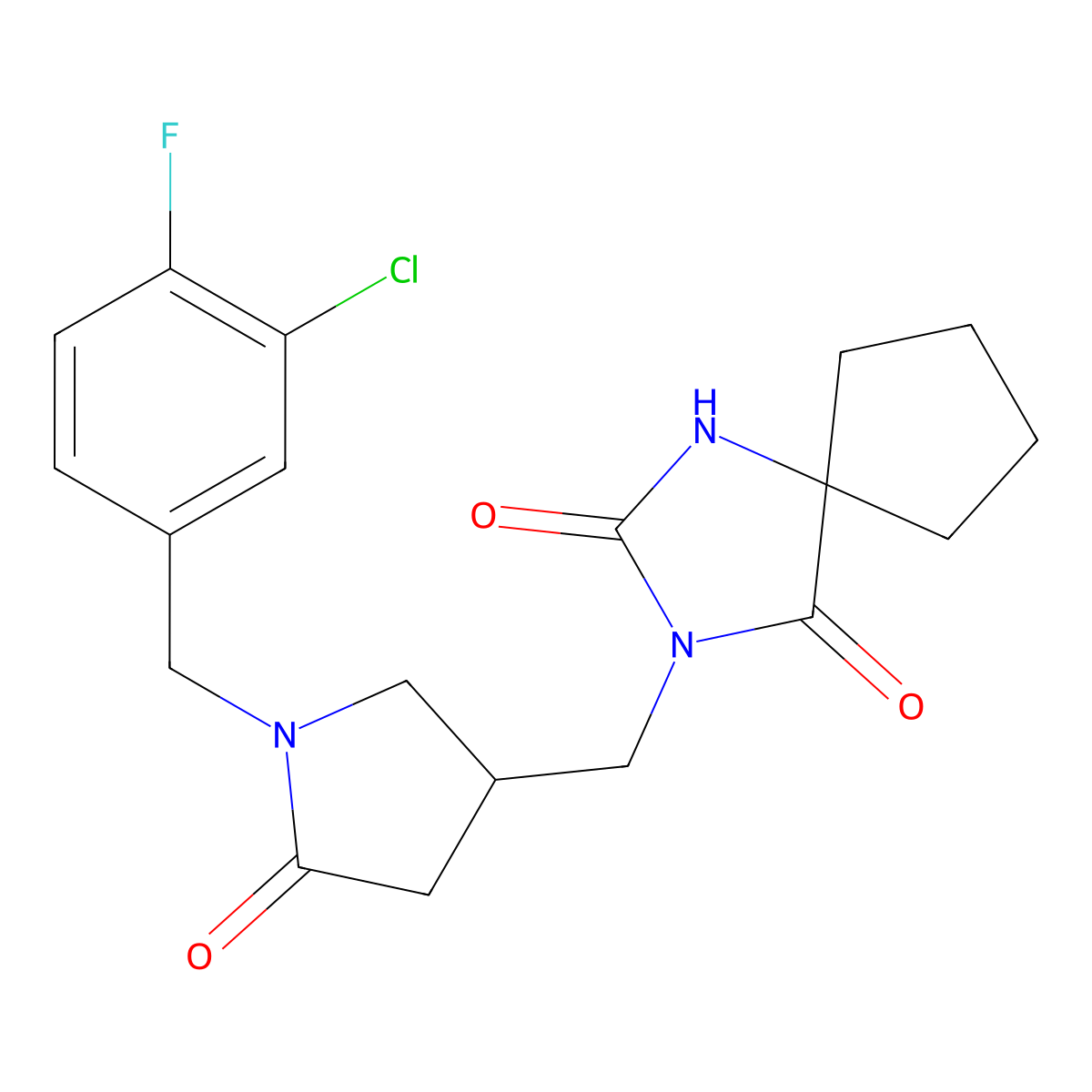 3-({1-[(3-Chloro-4-fluorophenyl)methyl]-5-oxopyrrolidin-3-yl}methyl)-1,3-diazaspiro[4.4]nonane-2,4-dione molecular structure, CAS 2770582-53-9
