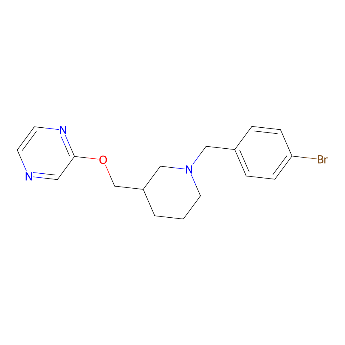 2-({1-[(4-Bromophenyl)methyl]piperidin-3-yl}methoxy)pyrazine molecular structure, CAS 2770582-58-4