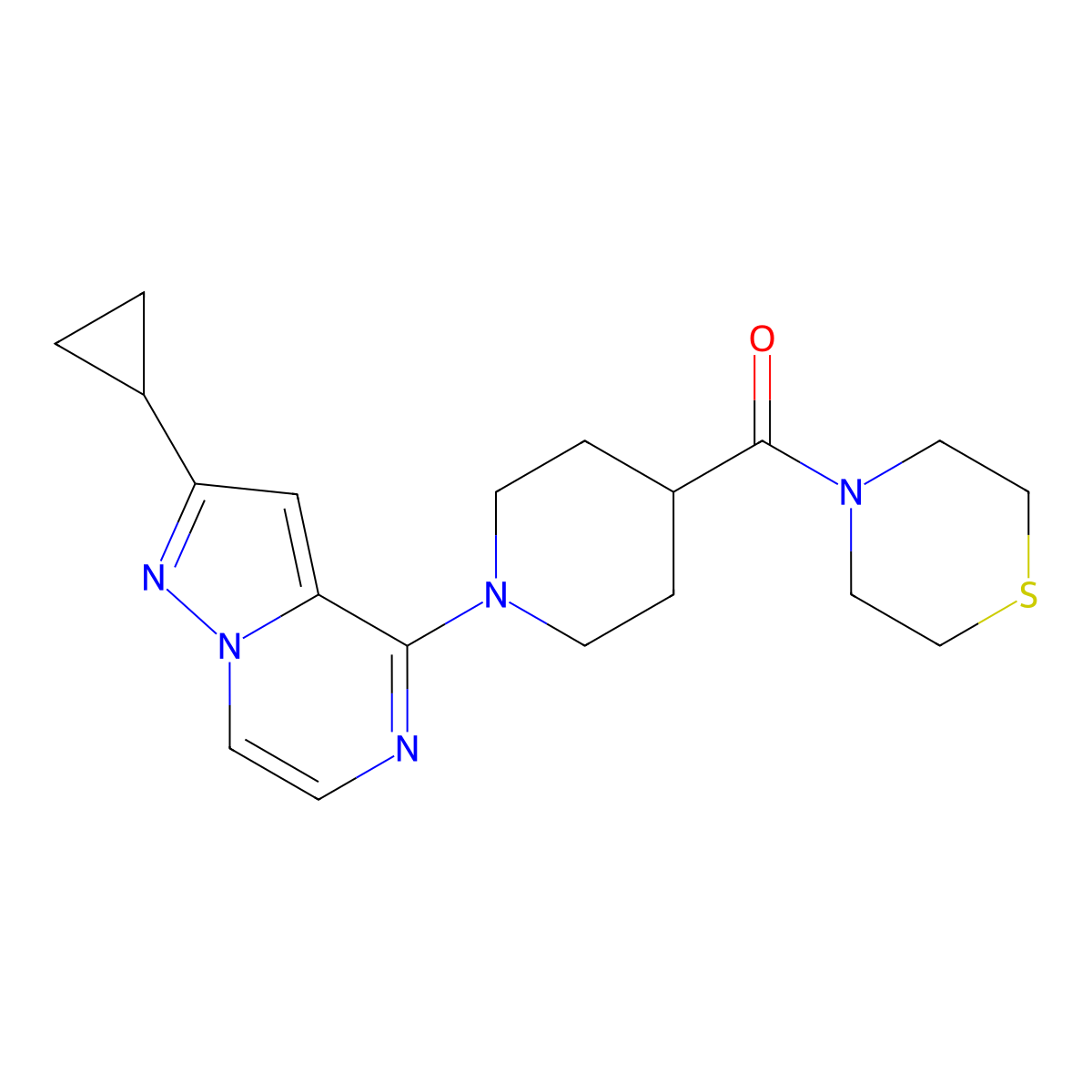 4-(1-{2-Cyclopropylpyrazolo[1,5-a]pyrazin-4-yl}piperidine-4-carbonyl)thiomorpholine molecular structure, CAS 2770582-62-0