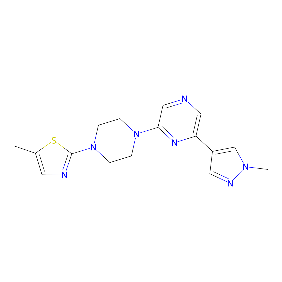 2-[4-(5-methyl-1,3-thiazol-2-yl)piperazin-1-yl]-6-(1-methyl-1H-pyrazol-4-yl)pyrazine molecular structure, CAS 2770582-64-2