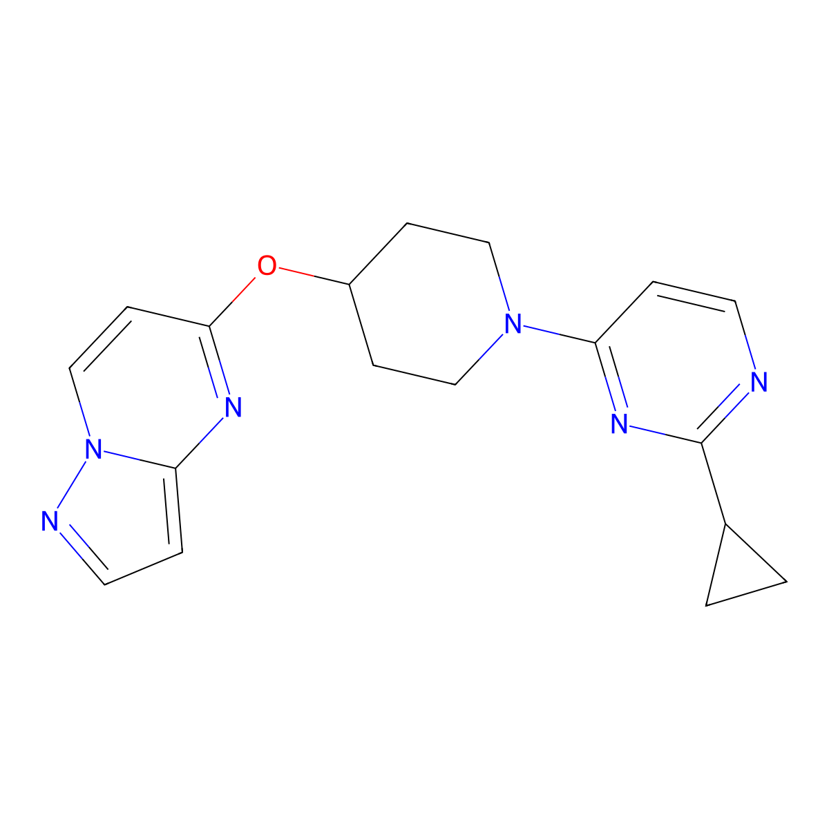 2-Cyclopropyl-4-(4-{pyrazolo[1,5-a]pyrimidin-5-yloxy}piperidin-1-yl)pyrimidine molecular structure, CAS 2770582-66-4