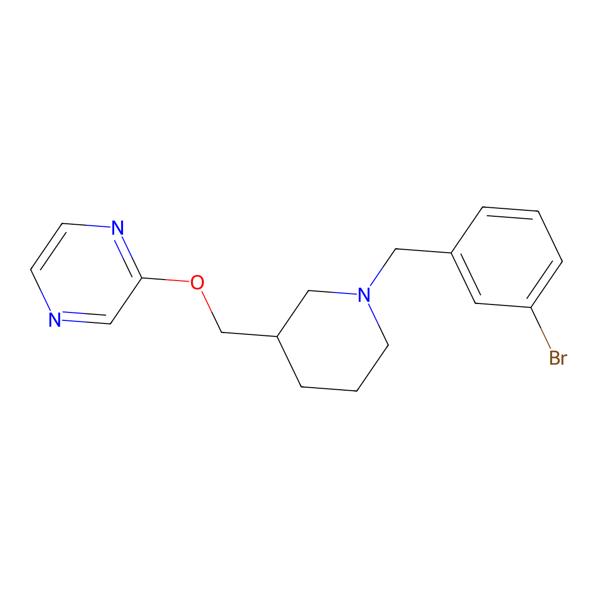 2-({1-[(3-Bromophenyl)methyl]piperidin-3-yl}methoxy)pyrazine molecular structure, CAS 2770582-68-6