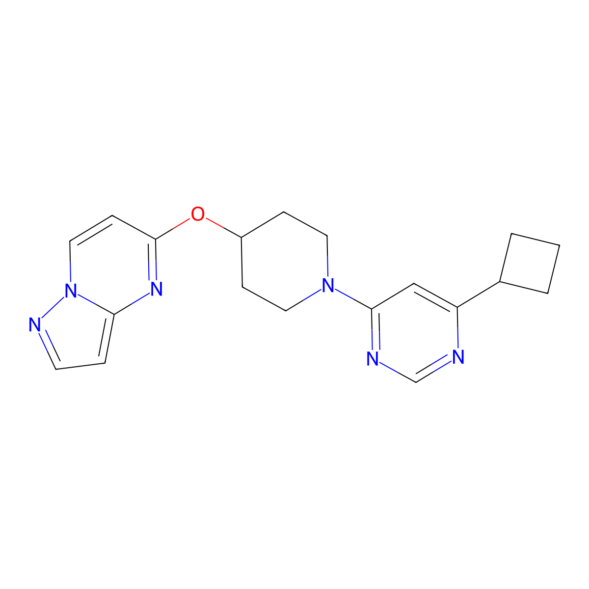 4-Cyclobutyl-6-(4-{pyrazolo[1,5-a]pyrimidin-5-yloxy}piperidin-1-yl)pyrimidine molecular structure, CAS 2770582-71-1