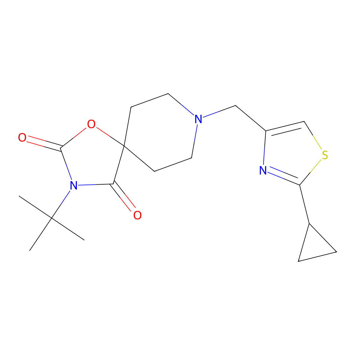 3-Tert-butyl-8-[(2-cyclopropyl-1,3-thiazol-4-yl)methyl]-1-oxa-3,8-diazaspiro[4.5]decane-2,4-dione molecular structure, CAS 2770582-74-4