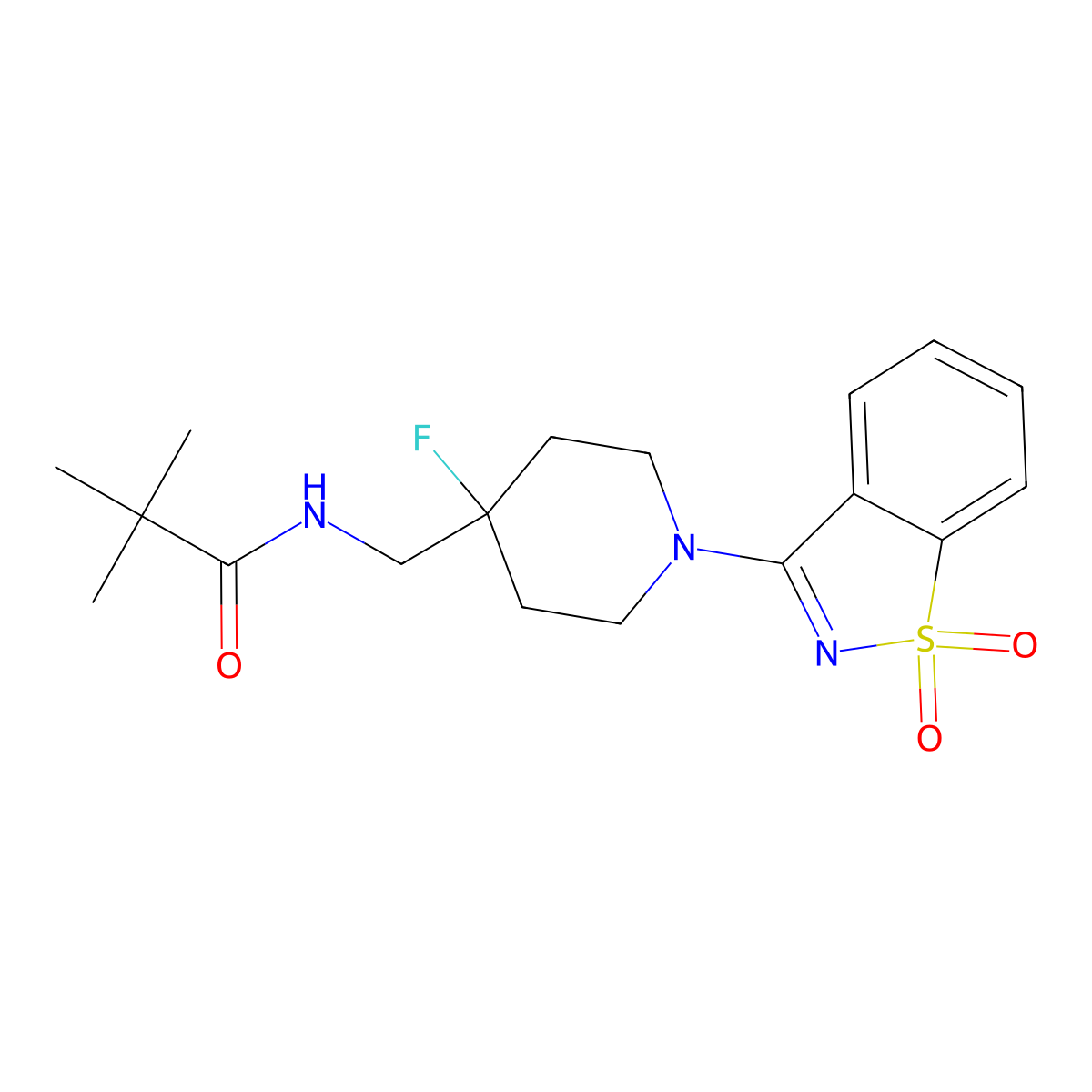 N-[[1-(1,1-dioxo-1,2-benzothiazol-3-yl)-4-fluoropiperidin-4-yl]methyl]-2,2-dimethylpropanamide molecular structure, CAS 2770582-76-6