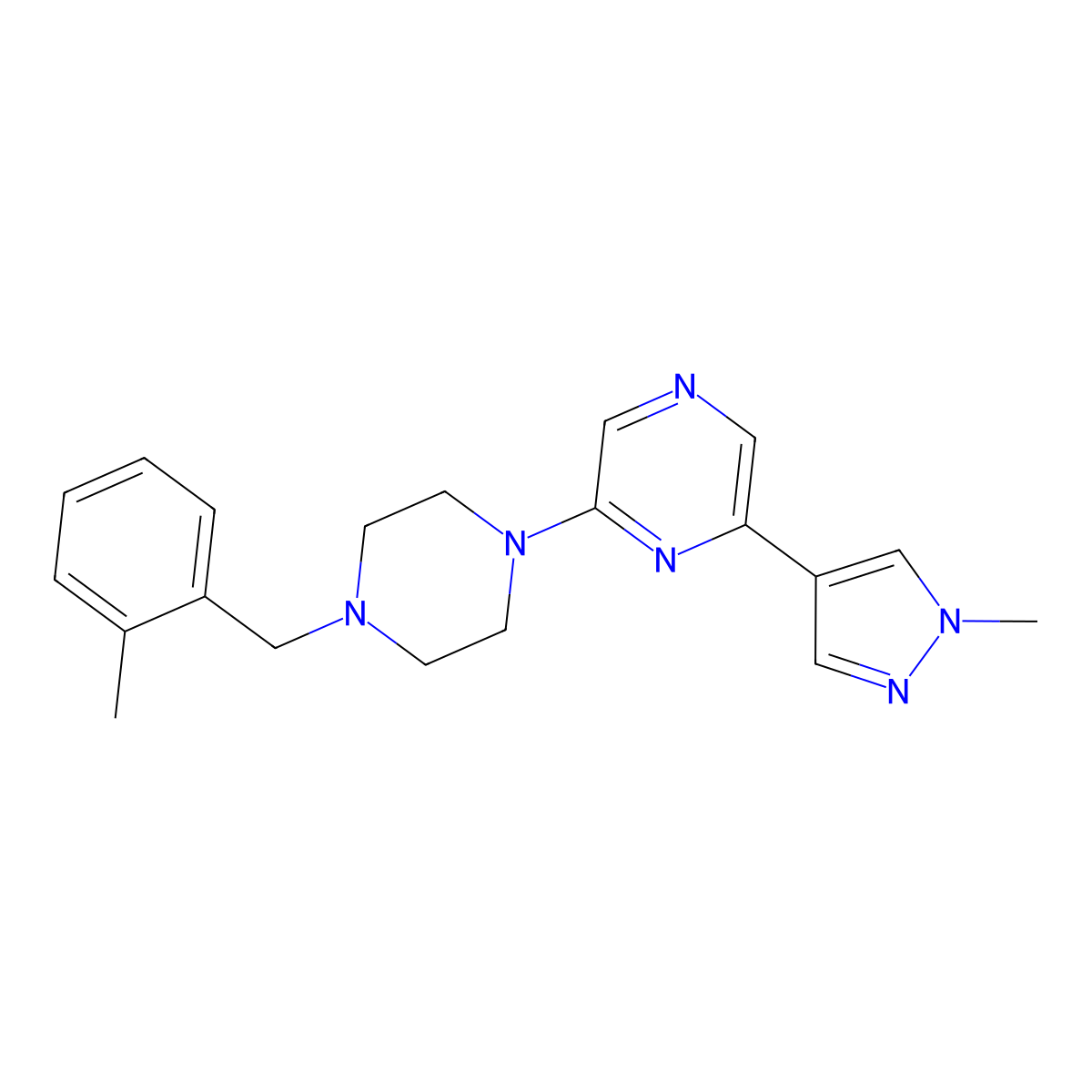 2-(1-methyl-1H-pyrazol-4-yl)-6-{4-[(2-methylphenyl)methyl]piperazin-1-yl}pyrazine molecular structure, CAS 2770582-79-9