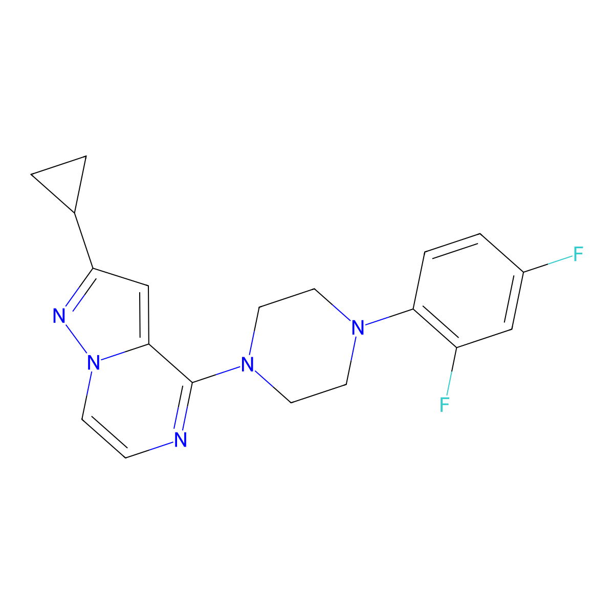 1-{2-Cyclopropylpyrazolo[1,5-a]pyrazin-4-yl}-4-(2,4-difluorophenyl)piperazine molecular structure, CAS 2770582-80-2