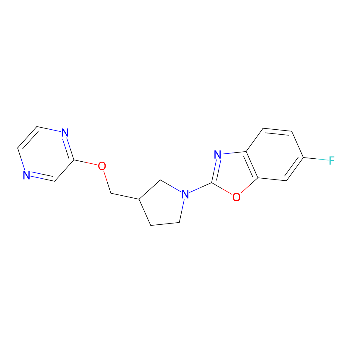 6-Fluoro-2-{3-[(pyrazin-2-yloxy)methyl]pyrrolidin-1-yl}-1,3-benzoxazole molecular structure, CAS 2770582-85-7