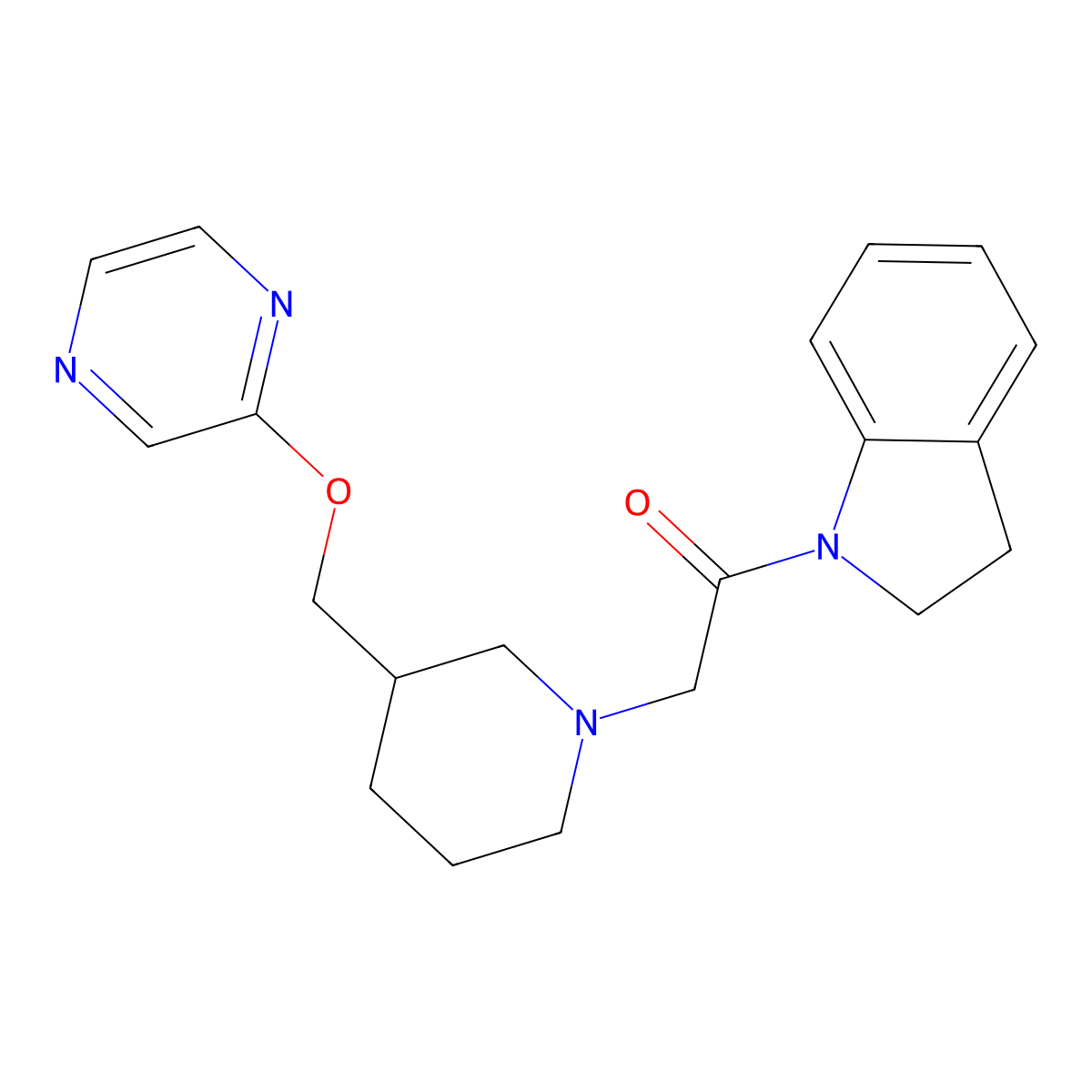 1-(2,3-dihydro-1H-indol-1-yl)-2-{3-[(pyrazin-2-yloxy)methyl]piperidin-1-yl}ethan-1-one molecular structure, CAS 2770582-90-4