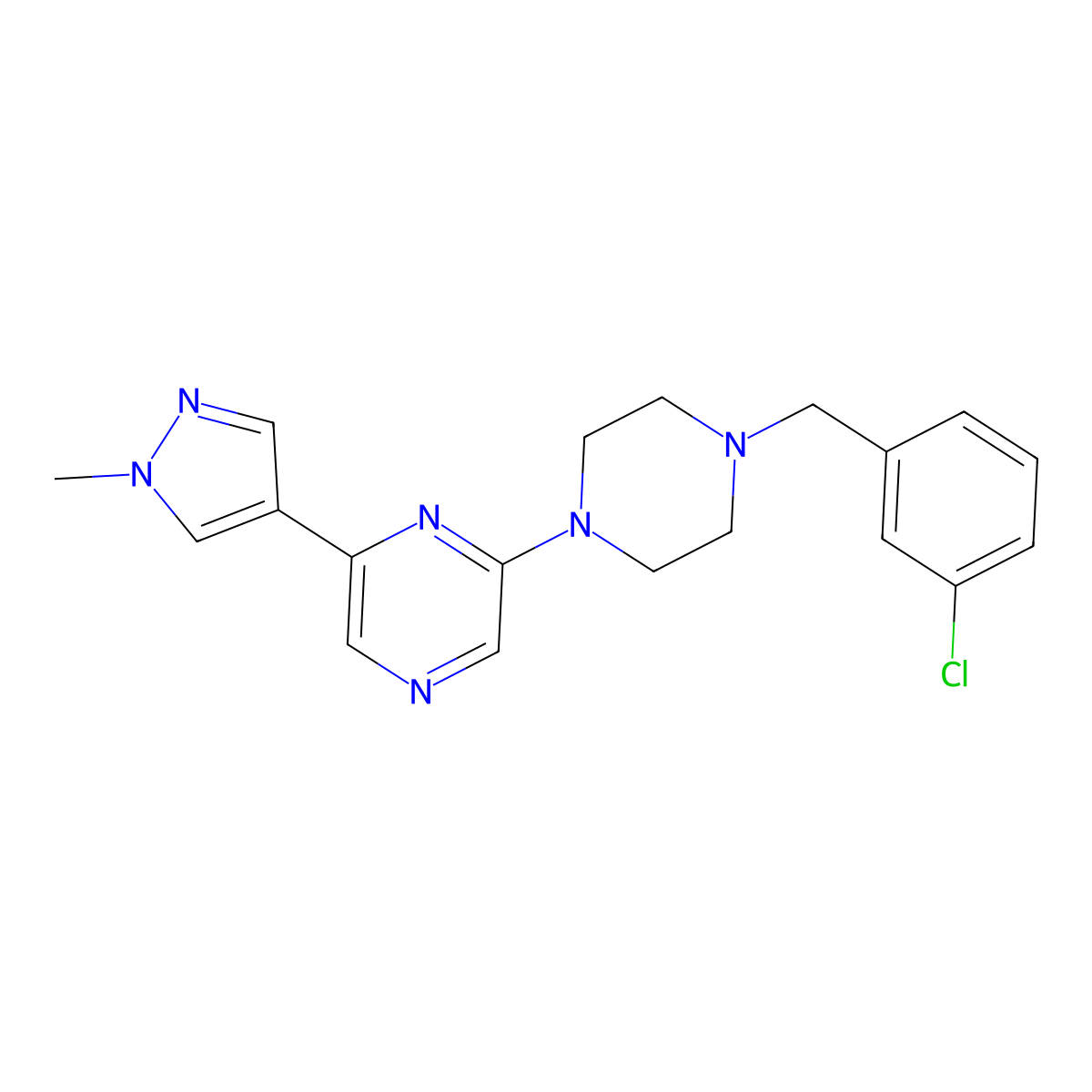 2-{4-[(3-chlorophenyl)methyl]piperazin-1-yl}-6-(1-methyl-1H-pyrazol-4-yl)pyrazine molecular structure, CAS 2770582-91-5