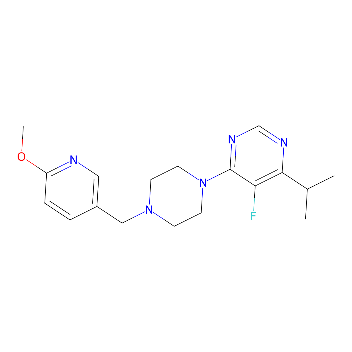 5-Fluoro-4-{4-[(6-methoxypyridin-3-yl)methyl]piperazin-1-yl}-6-(propan-2-yl)pyrimidine molecular structure, CAS 2770582-94-8