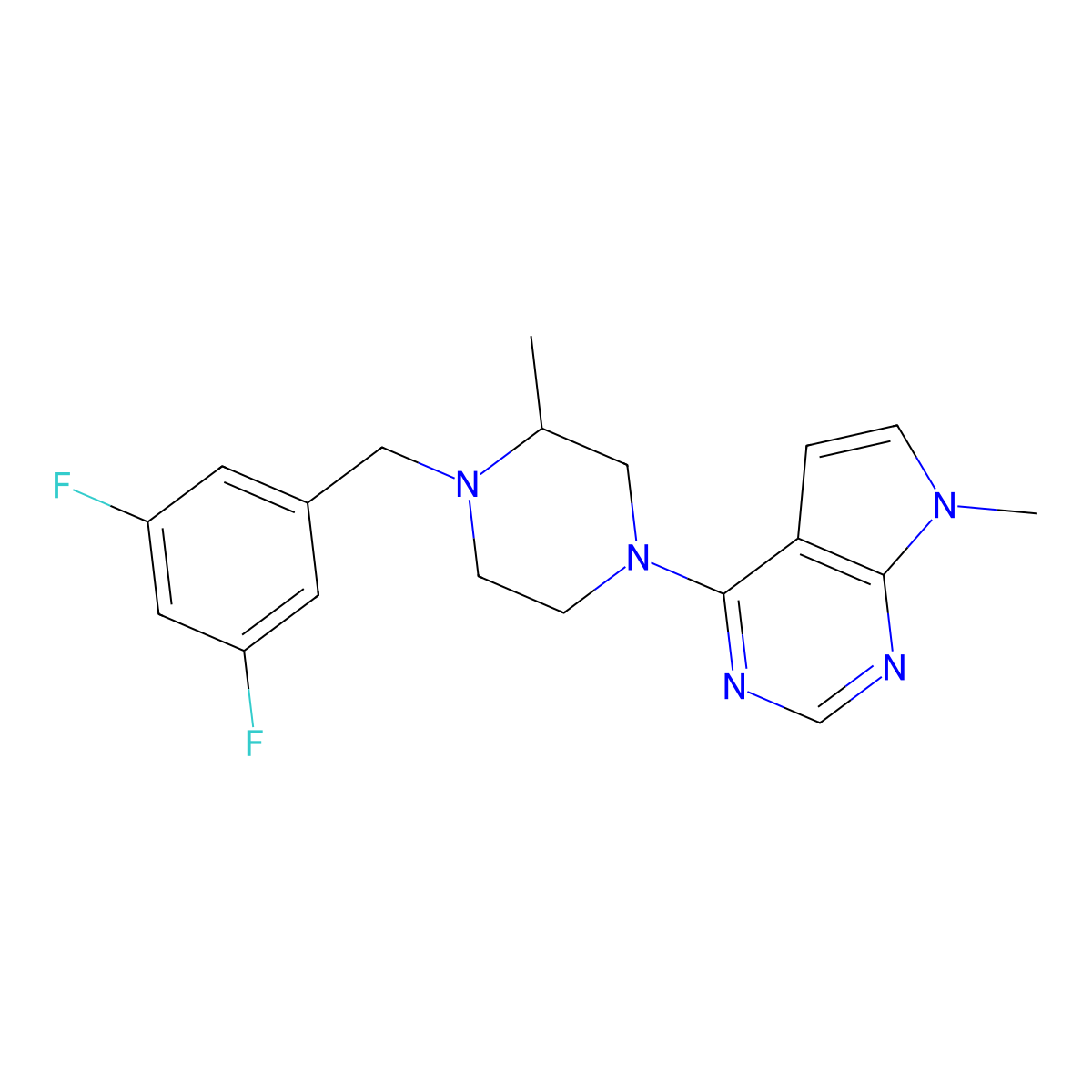 1-[(3,5-difluorophenyl)methyl]-2-methyl-4-{7-methyl-7H-pyrrolo[2,3-d]pyrimidin-4-yl}piperazine molecular structure, CAS 2770582-98-2