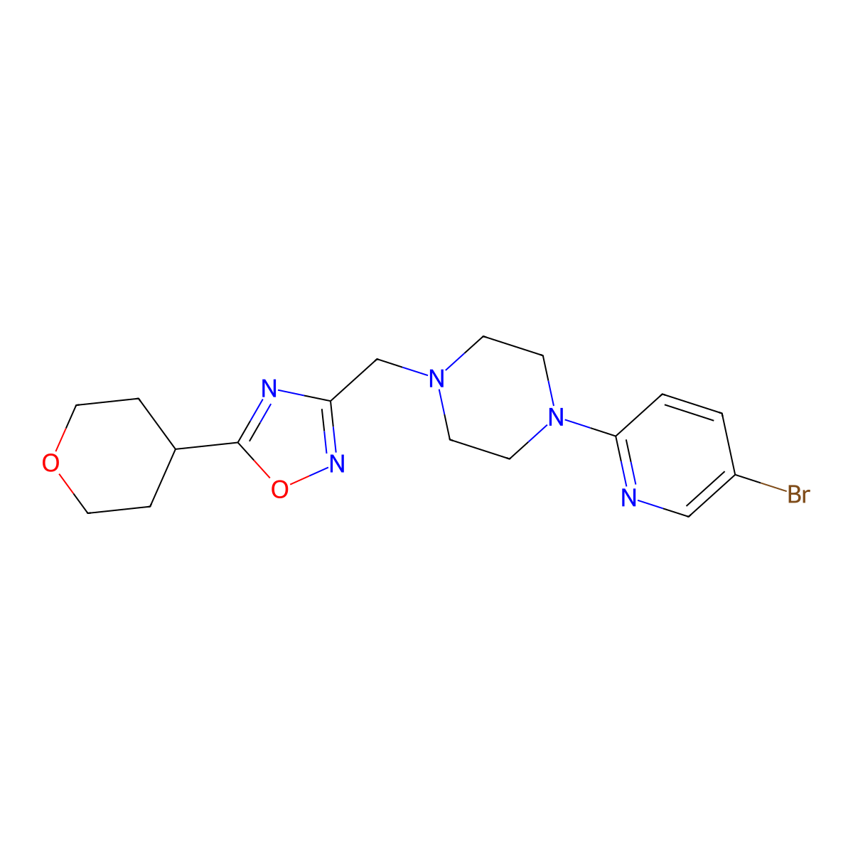 1-(5-Bromopyridin-2-yl)-4-{[5-(oxan-4-yl)-1,2,4-oxadiazol-3-yl]methyl}piperazine molecular structure, CAS 2770583-01-0