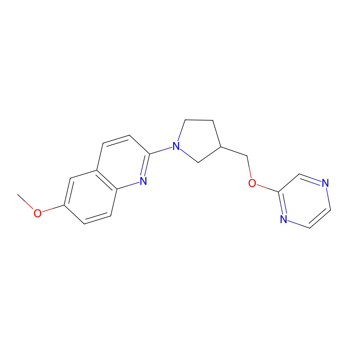 6-Methoxy-2-{3-[(pyrazin-2-yloxy)methyl]pyrrolidin-1-yl}quinoline molecular structure, CAS 2770583-02-1