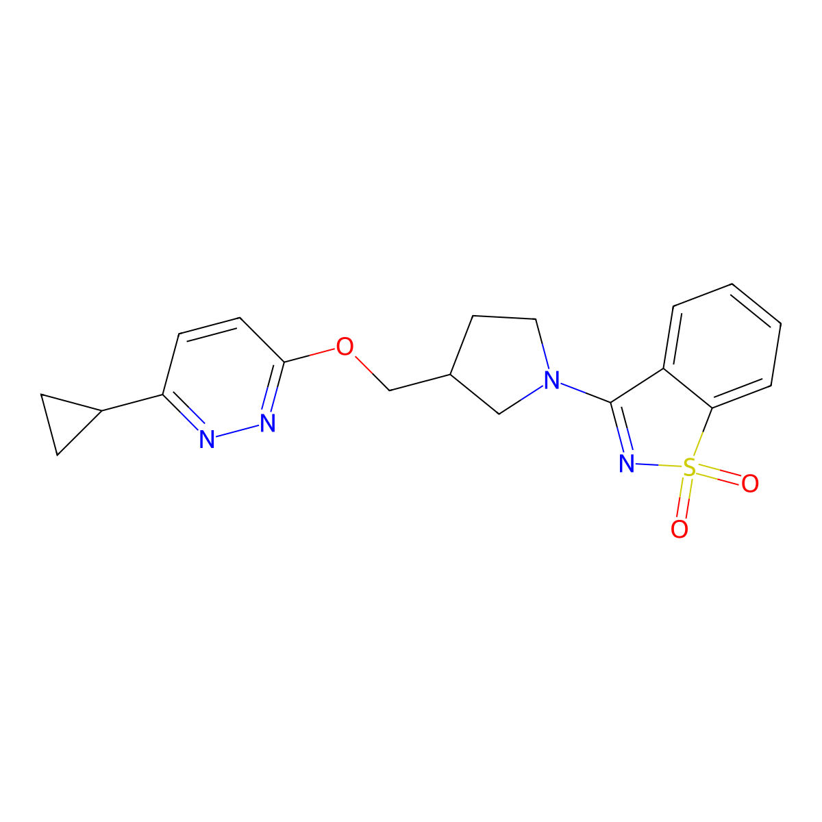 3-[3-[(6-Cyclopropylpyridazin-3-yl)oxymethyl]pyrrolidin-1-yl]-1,2-benzothiazole 1,1-dioxide molecular structure, CAS 2770583-21-4