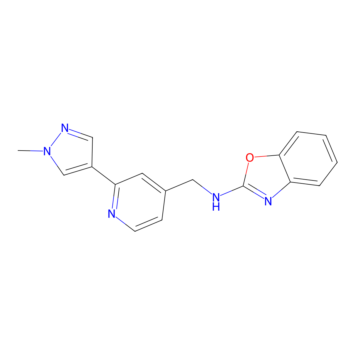 N-{[2-(1-methyl-1H-pyrazol-4-yl)pyridin-4-yl]methyl}-1,3-benzoxazol-2-amine molecular structure, CAS 2770583-30-5