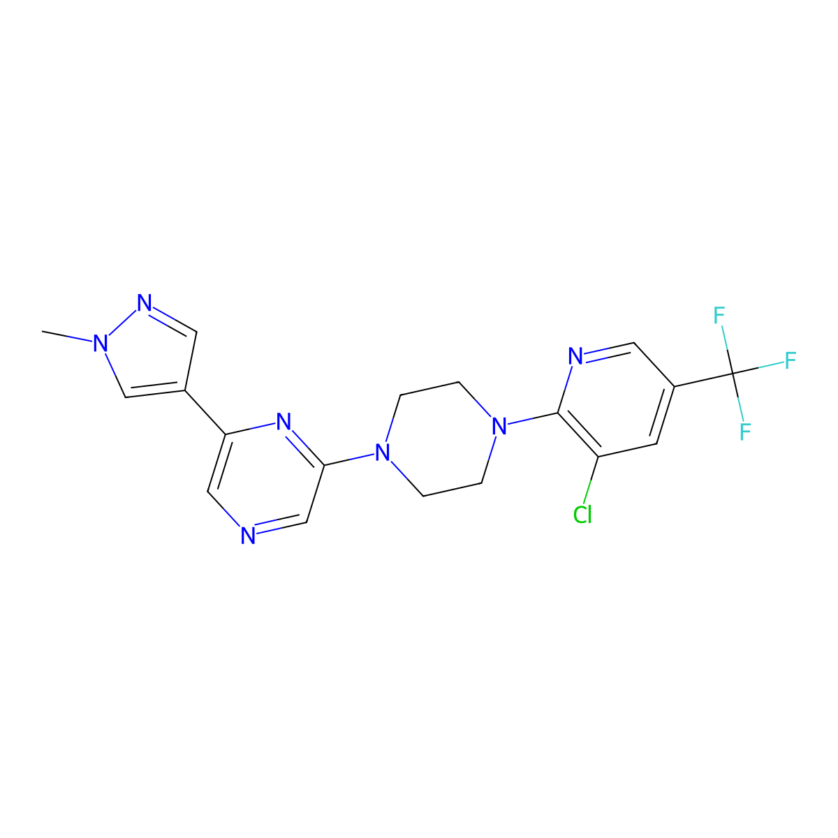 2-{4-[3-chloro-5-(trifluoromethyl)pyridin-2-yl]piperazin-1-yl}-6-(1-methyl-1H-pyrazol-4-yl)pyrazine molecular structure, CAS 2770583-33-8